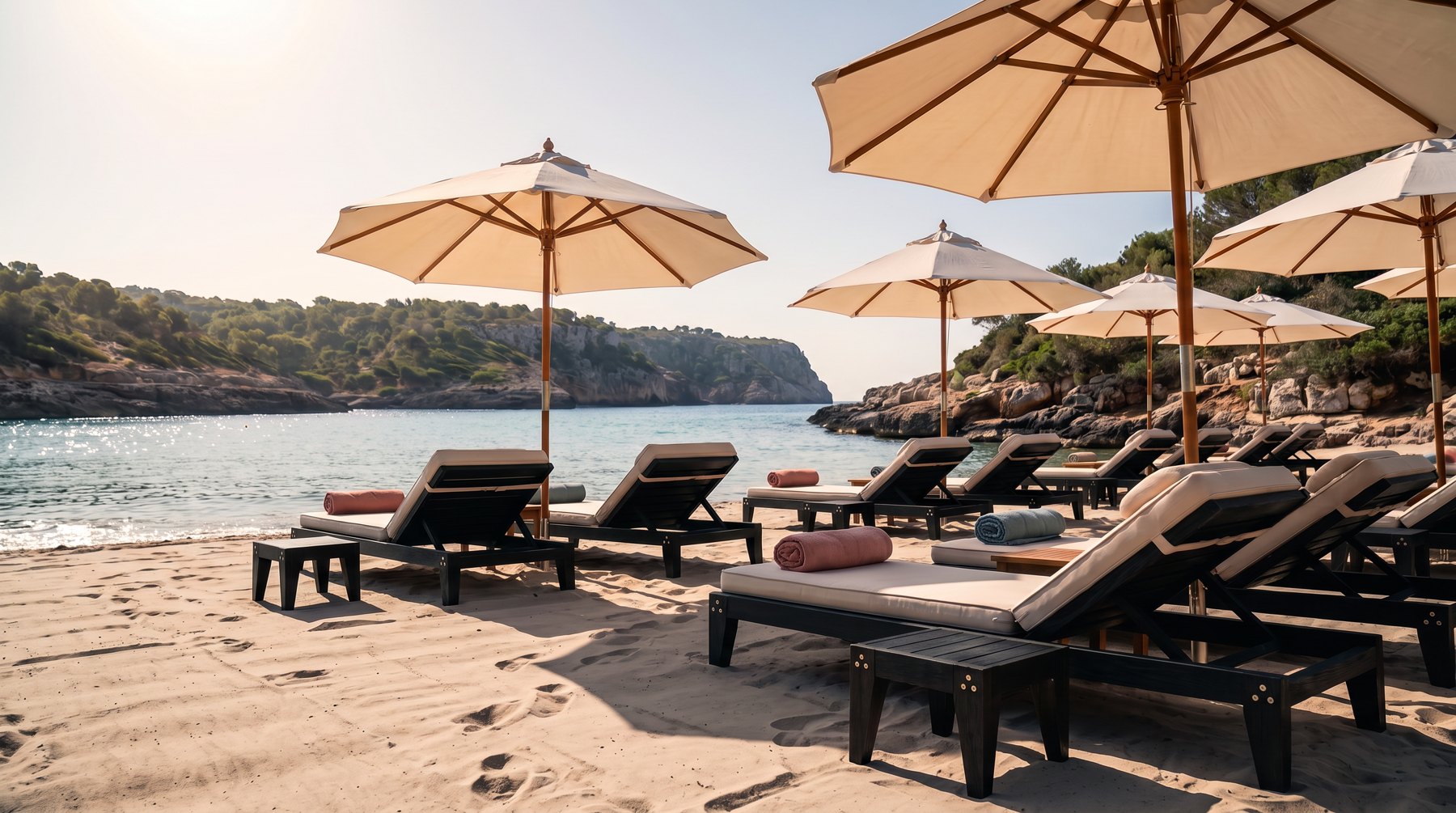 Sun Loungers and Side Tables on a sandy beach in a cove. Cushions, towels and parasols are styling, not part of the collection.
