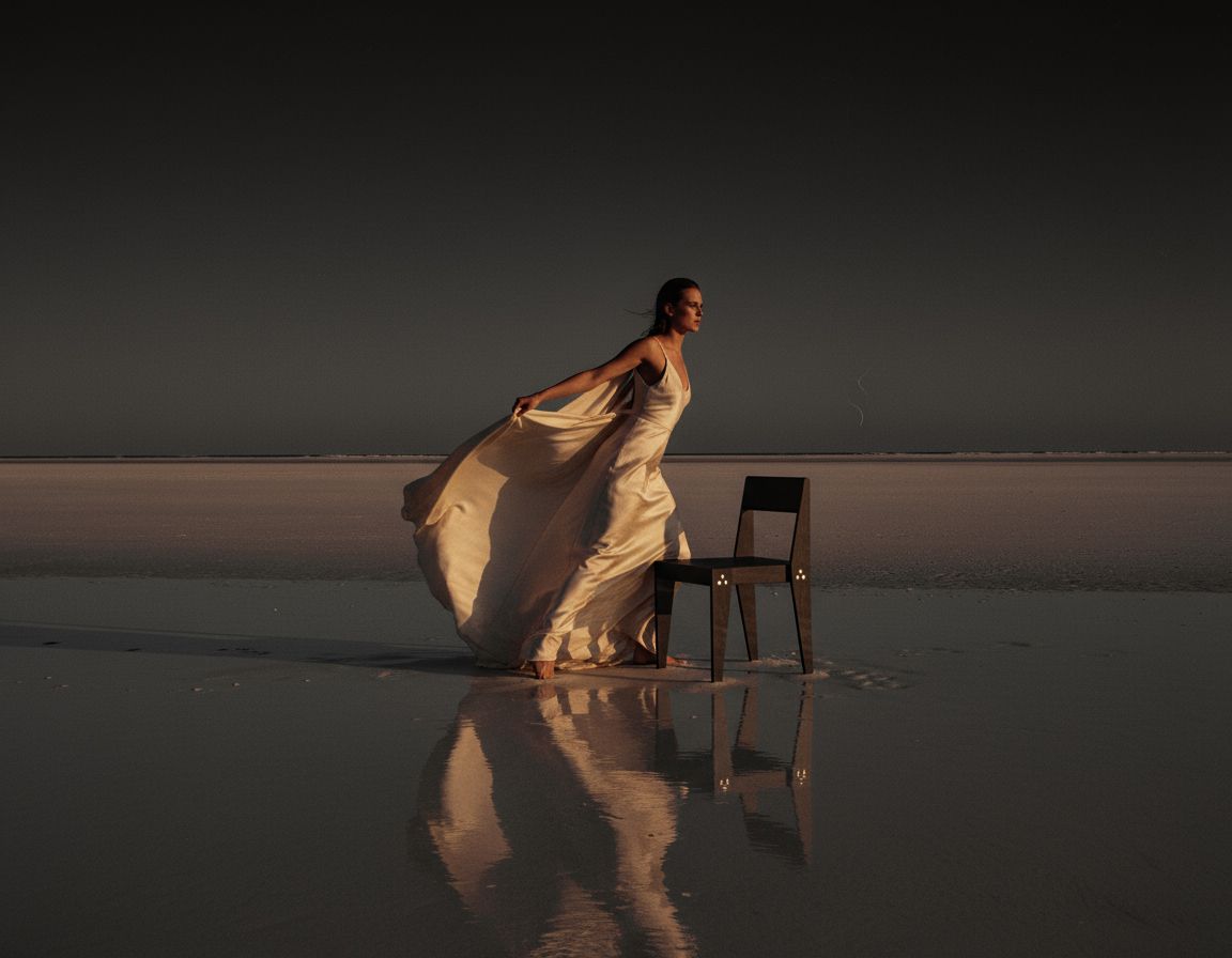 A woman in a flowing cream dress walking past The Chair on wet sand at dusk, both reflected in the water