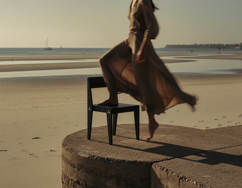 A woman in a long dress stepping barefoot off The Chair on a sea wall, a beach and a sailboat behind