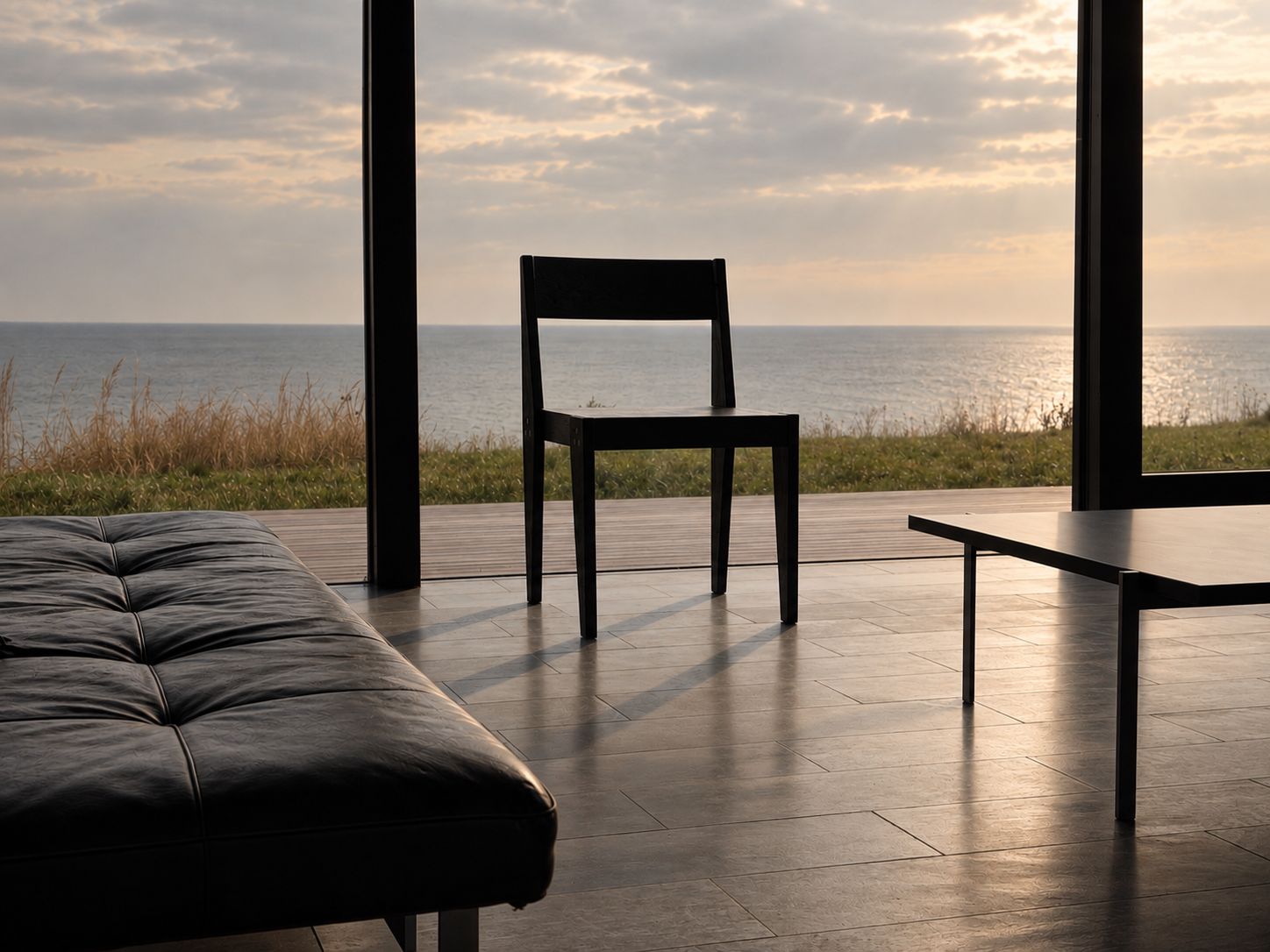 The Chair alone in a glass-walled room facing the sea, a leather daybed in the foreground.