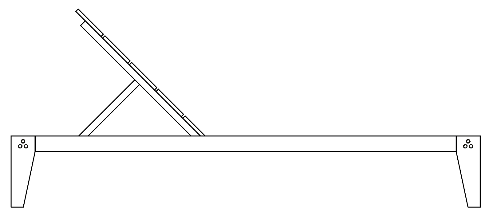 Line drawing of The Sun Lounger in profile, showing the backrest, its support strut and the bolted legs
